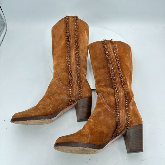 Frye Women Size 6M Rust Brown Bella Flower Suede Pull On Heel Pump Boot - Picture 7 of 13